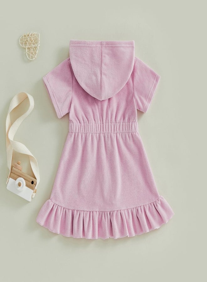 Multitrust Toddler Baby Girls Terry Swim Cover Up Ruffled Hooded Bathing Suit Coverup Zip Up Elastic Waist Beach Cover-Up (Pink, 1-2T) - Image 4