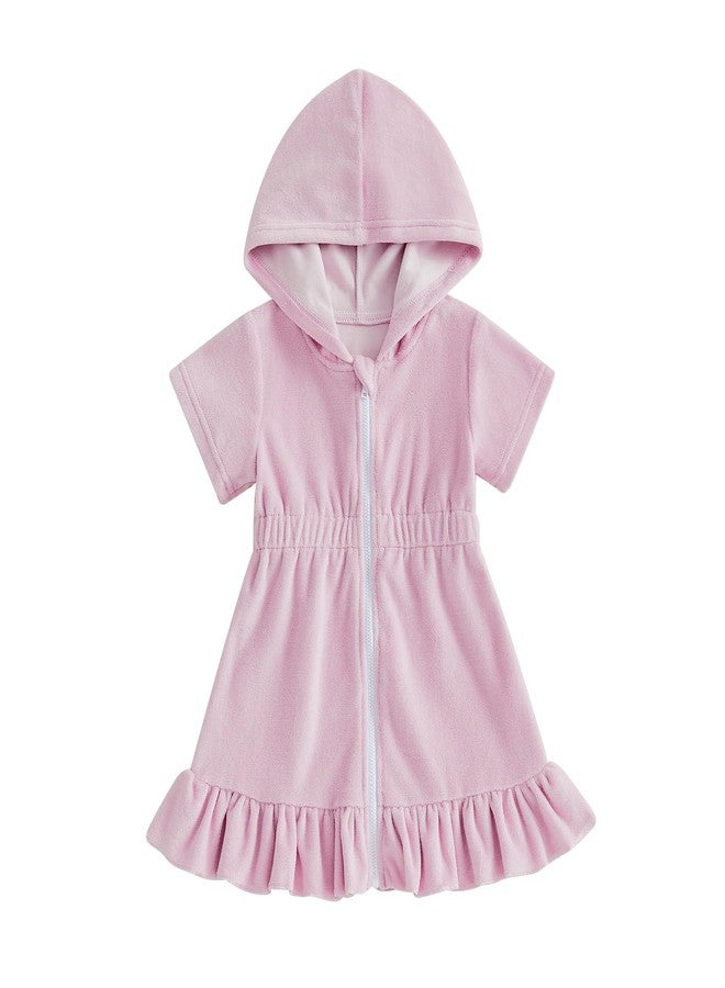 Multitrust Toddler Baby Girls Terry Swim Cover Up Ruffled Hooded Bathing Suit Coverup Zip Up Elastic Waist Beach Cover-Up (Pink, 1-2T) - Image 1