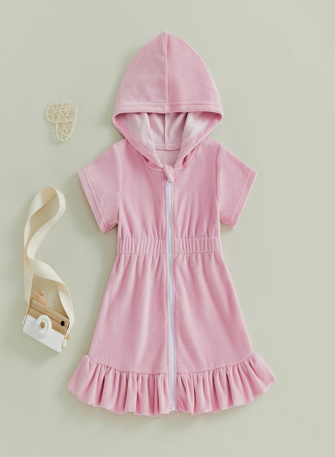 Multitrust Toddler Baby Girls Terry Swim Cover Up Ruffled Hooded Bathing Suit Coverup Zip Up Elastic Waist Beach Cover-Up (Pink, 1-2T) - Image 3
