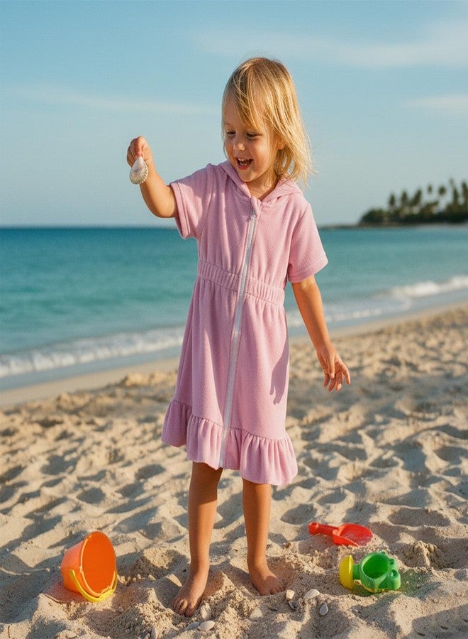 Multitrust Toddler Baby Girls Terry Swim Cover Up Ruffled Hooded Bathing Suit Coverup Zip Up Elastic Waist Beach Cover-Up (Pink, 1-2T) - Image 2
