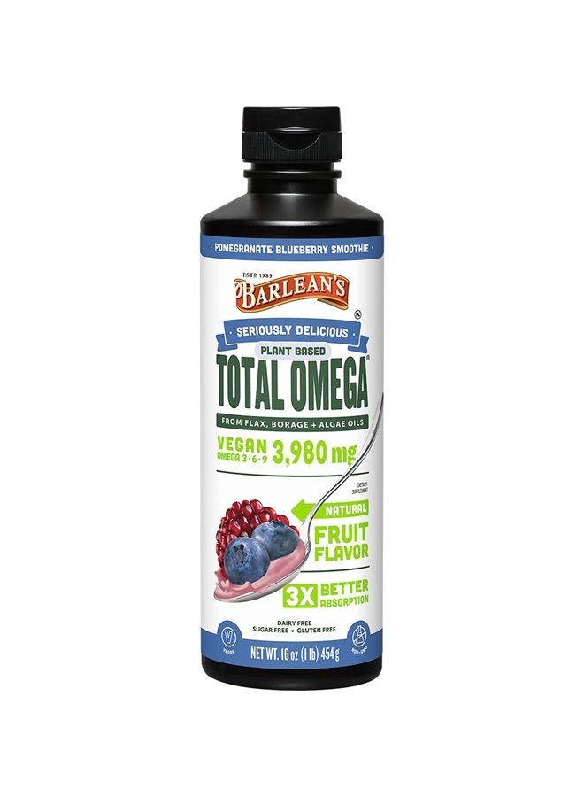 BARLEAN'S Liquid Flaxseed, Borage & Algae Oils Omega 3 Supplement, Pomegranate Blueberry Flavor, Vegan EPA & DHA from Algal Oil, Flax Oil and Borage Seed Oil with 3,980 mg of Omega-3-6-9, 16 oz - Image 1