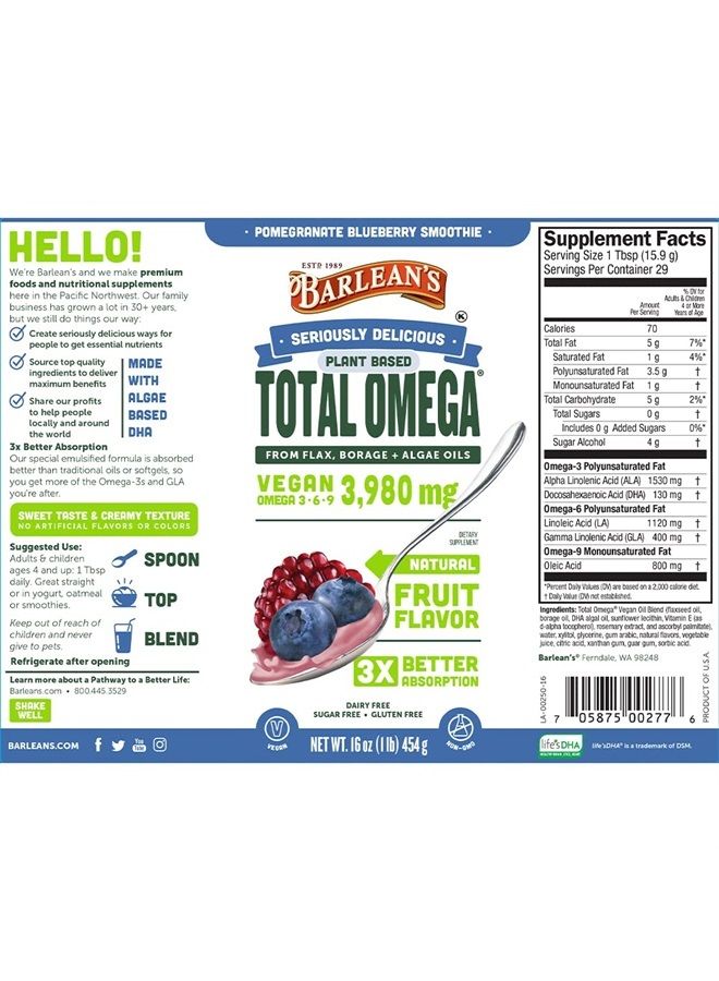 BARLEAN'S Liquid Flaxseed, Borage & Algae Oils Omega 3 Supplement, Pomegranate Blueberry Flavor, Vegan EPA & DHA from Algal Oil, Flax Oil and Borage Seed Oil with 3,980 mg of Omega-3-6-9, 16 oz - Image 2