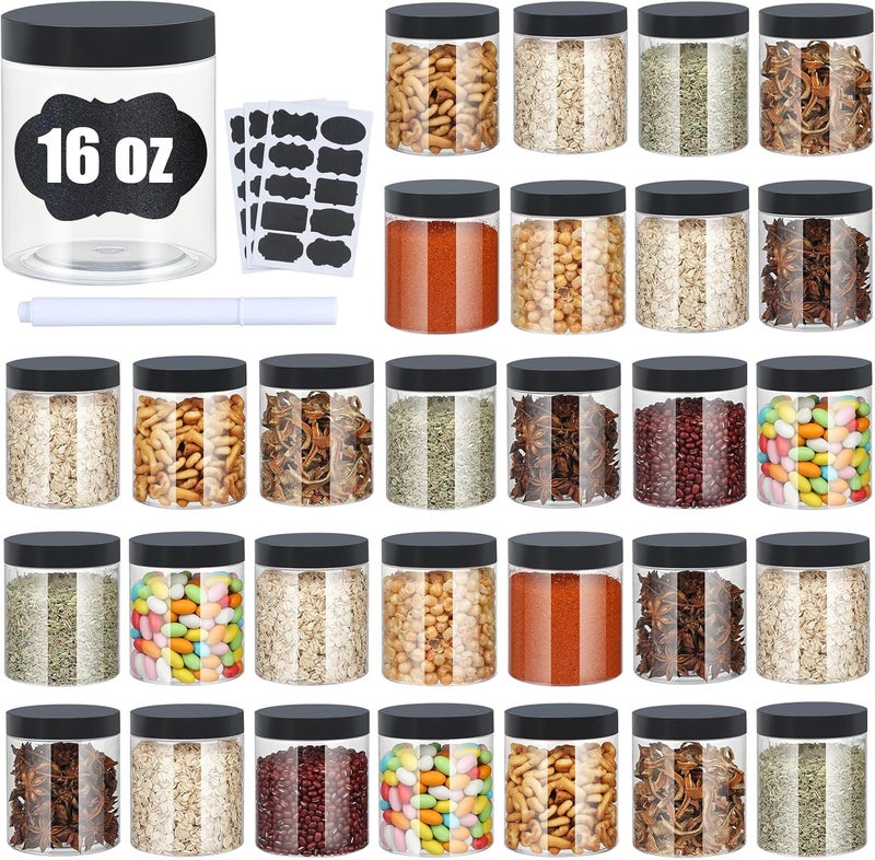 CrazyStorey Plastic Jars with Lids,Airtight Container Ideal For Dry Food, Honey Jam, Peanut Butter,Cosmetics, Cream, Bathroom and Storage Included Extra Label and A Pen (30 PCS Black Lids) - Image 1