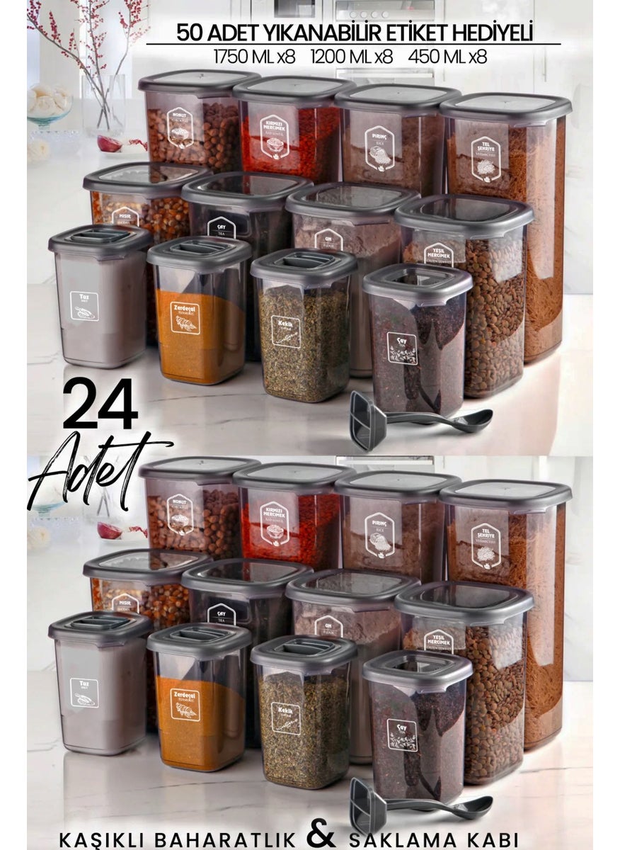 Kitchen Life - مجموعة حاويات تخزين الغذاء المربعة الم labeledة 24 قطعة ورف التوابل مع ملعقة - (1750 مل + 1200 مل + 450 مل) - Image 1