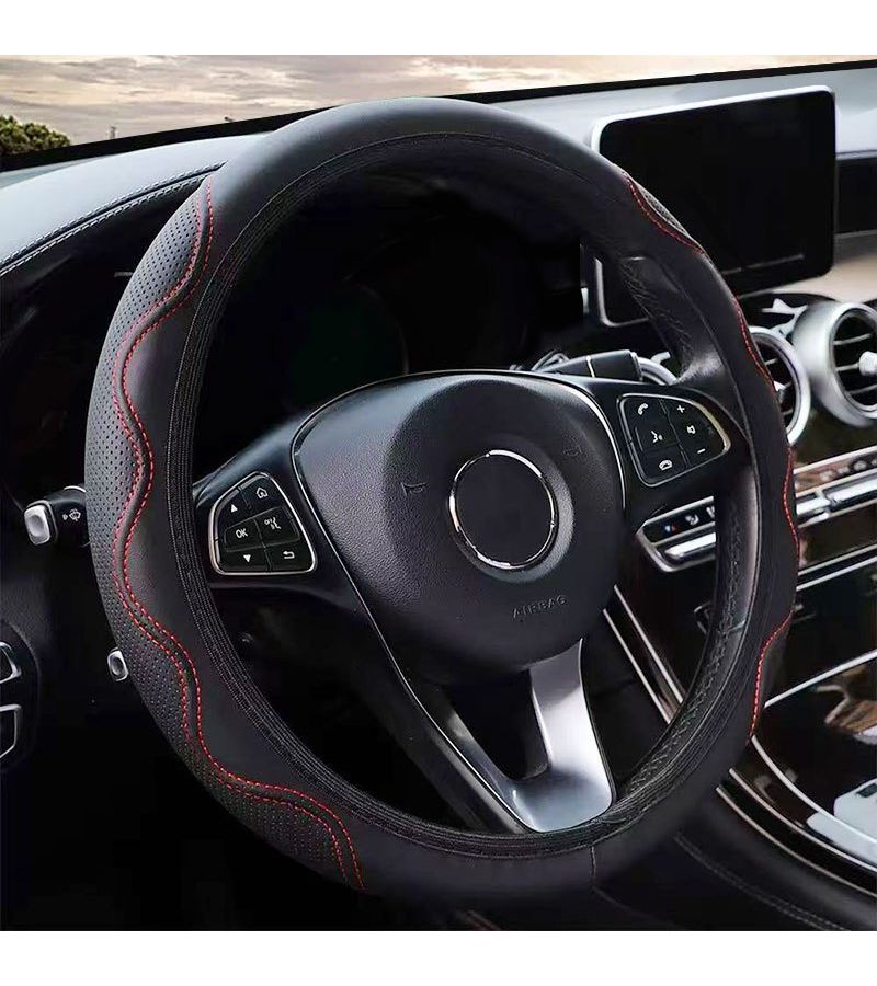 Wavy Textured Anti Slip Steering Wheel Cover Red Line Premium Faux Leather Ergonomic Grip Universal Fit - Image 1