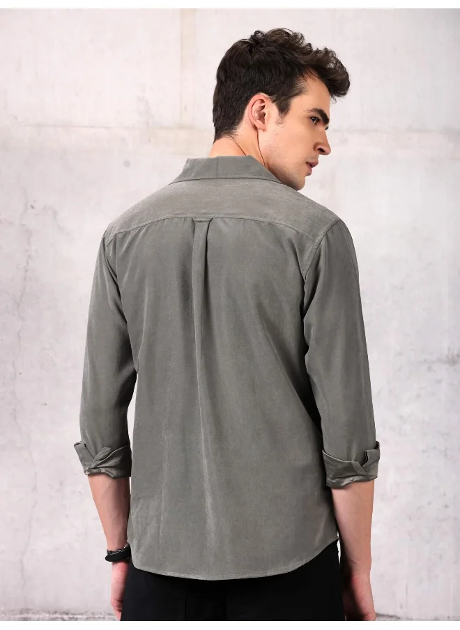 Beyoung Dark Grey Solid Suede Urban Shirt for Men