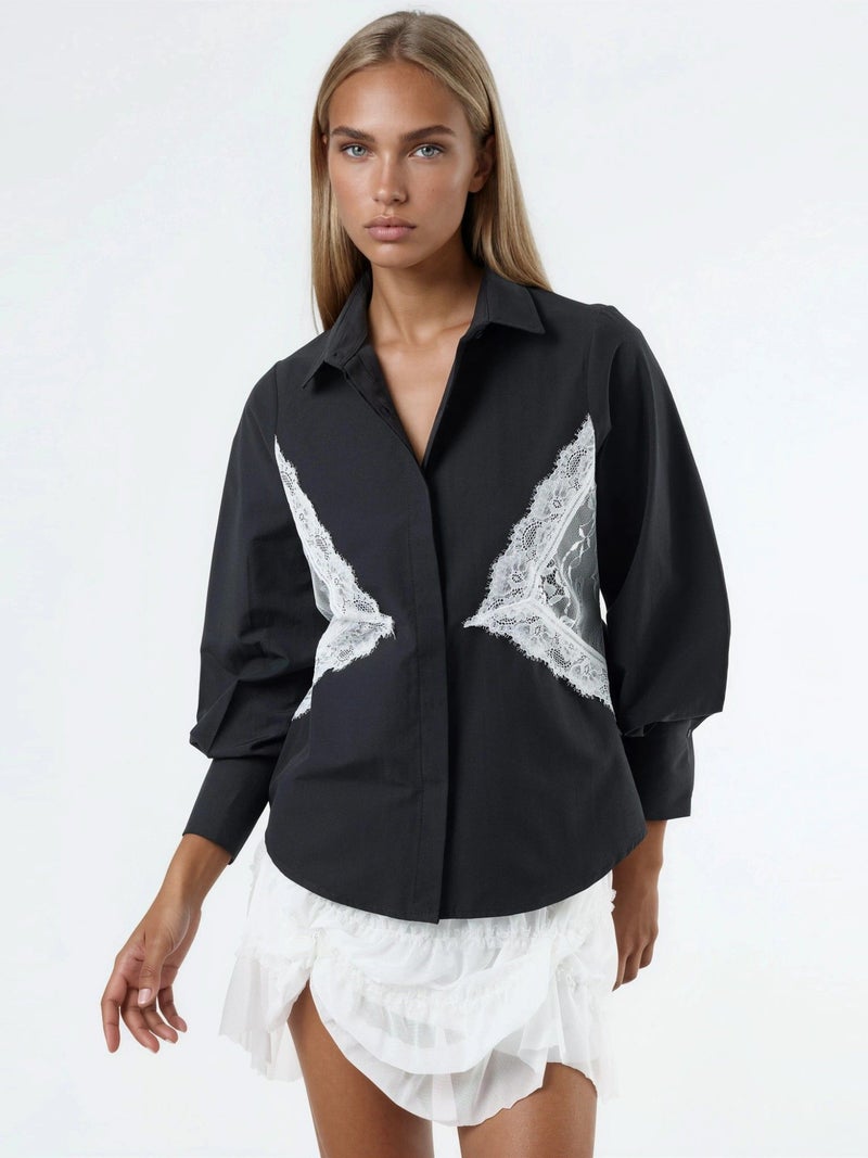 Qustyle QU STYLE Lace Detailed Fitted Poplin Shirt - Image 1