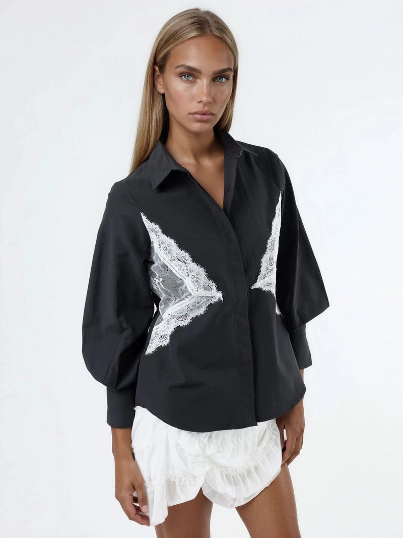 Qustyle QU STYLE Lace Detailed Fitted Poplin Shirt - Image 2