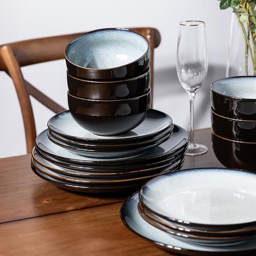 LeRatio Ceramic Dinnerware Sets for 6,Stoneware Plates and Bowls Sets,Handmade Reactive Glaze Dishes Set,Chip Resistant and Scratch Resistant | Oven&Dishwasher & Microwave Safe-Gray White(18PCS) - Image 4