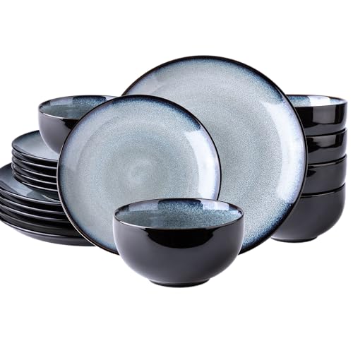 LeRatio Ceramic Dinnerware Sets for 6,Stoneware Plates and Bowls Sets,Handmade Reactive Glaze Dishes Set,Chip Resistant and Scratch Resistant | Oven&Dishwasher & Microwave Safe-Gray White(18PCS) - Image 1