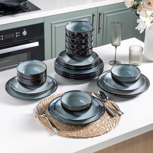 LeRatio Ceramic Dinnerware Sets for 6,Stoneware Plates and Bowls Sets,Handmade Reactive Glaze Dishes Set,Chip Resistant and Scratch Resistant | Oven&Dishwasher & Microwave Safe-Gray White(18PCS) - Image 3