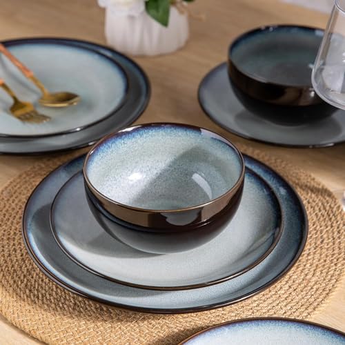 LeRatio Ceramic Dinnerware Sets for 6,Stoneware Plates and Bowls Sets,Handmade Reactive Glaze Dishes Set,Chip Resistant and Scratch Resistant | Oven&Dishwasher & Microwave Safe-Gray White(18PCS) - Image 2