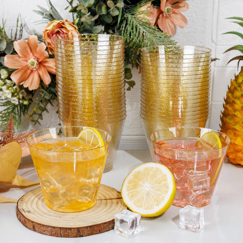 I00000 100pcs Gold Plastic Cups - 9 OZ Hard Gold Glitter Disposable Cups for Cocktail And Drinking - Premium Disposable Plastic Cups with Gold Glitter for Fancy Wedding & Elegant Party Cups - Image 2
