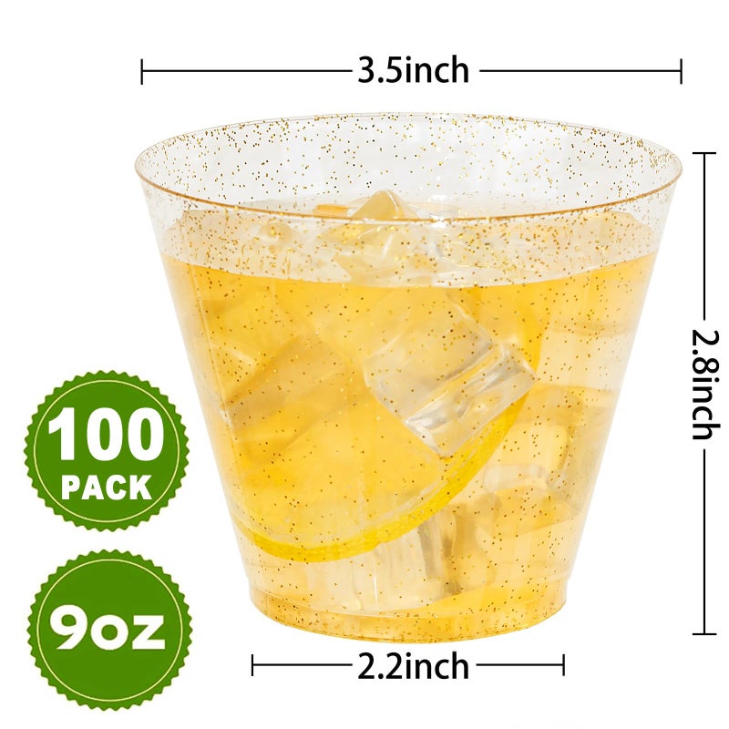 I00000 100pcs Gold Plastic Cups - 9 OZ Hard Gold Glitter Disposable Cups for Cocktail And Drinking - Premium Disposable Plastic Cups with Gold Glitter for Fancy Wedding & Elegant Party Cups - Image 1