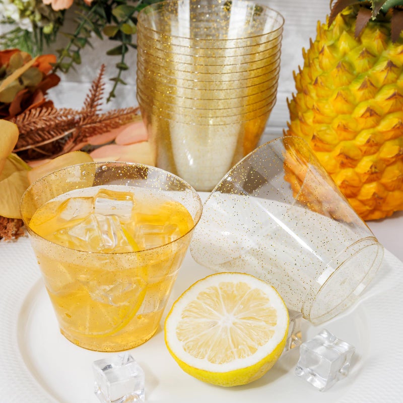 I00000 100pcs Gold Plastic Cups - 9 OZ Hard Gold Glitter Disposable Cups for Cocktail And Drinking - Premium Disposable Plastic Cups with Gold Glitter for Fancy Wedding & Elegant Party Cups - Image 4