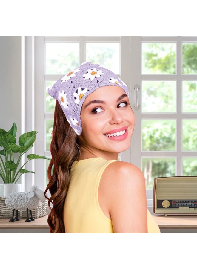 Kunyeah 2 Pieces Crochet Hair Bandana Floral Hair Scarf Boho Head Kerchief Vintage Headbands Triangle Hair Tie Handmade Hair Accessories for Girls Women (Purple/Green) - Image 5