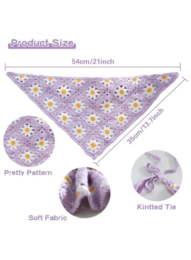 Kunyeah 2 Pieces Crochet Hair Bandana Floral Hair Scarf Boho Head Kerchief Vintage Headbands Triangle Hair Tie Handmade Hair Accessories for Girls Women (Purple/Green) - Image 2
