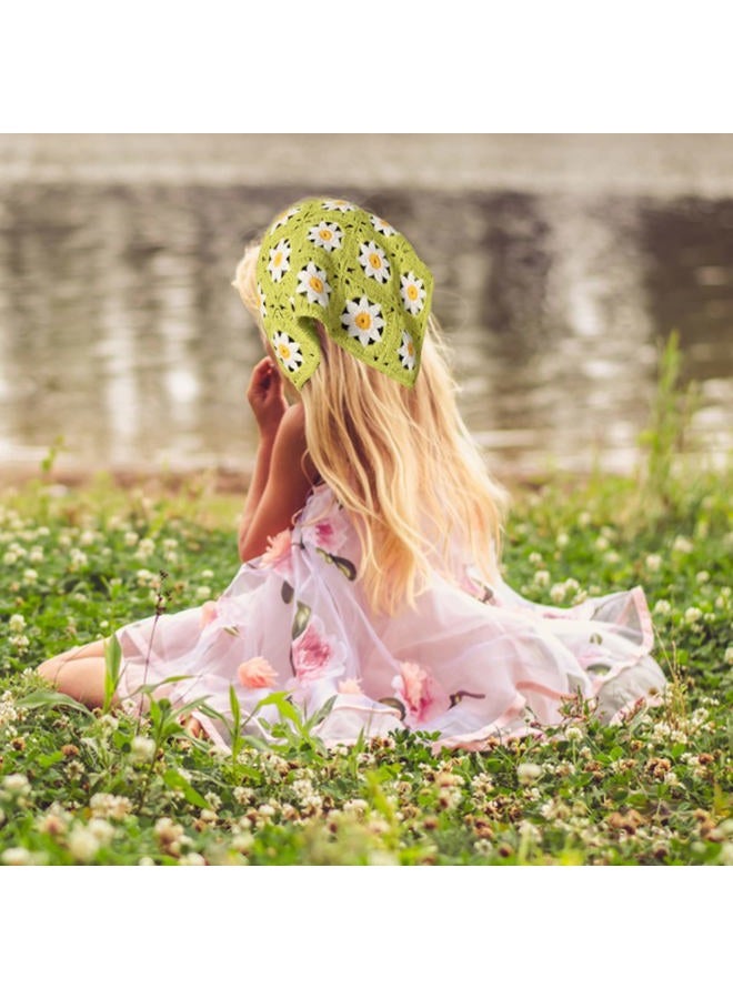 Kunyeah 2 Pieces Crochet Hair Bandana Floral Hair Scarf Boho Head Kerchief Vintage Headbands Triangle Hair Tie Handmade Hair Accessories for Girls Women (Purple/Green) - Image 4