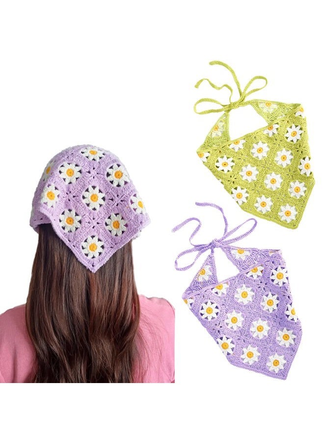 Kunyeah 2 Pieces Crochet Hair Bandana Floral Hair Scarf Boho Head Kerchief Vintage Headbands Triangle Hair Tie Handmade Hair Accessories for Girls Women (Purple/Green) - Image 1