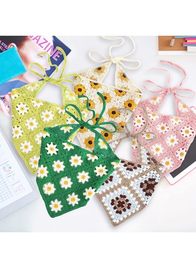 Kunyeah 2 Pieces Crochet Hair Bandana Floral Hair Scarf Boho Head Kerchief Vintage Headbands Triangle Hair Tie Handmade Hair Accessories for Girls Women (Purple/Green) - Image 3