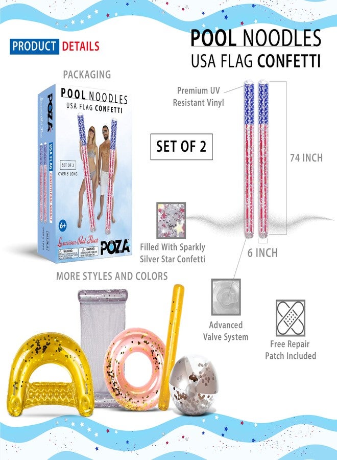 POZA 2 Pack Inflatable USA Flag Jumbo Pool Noodles Floats - Premium Luxurious 74 Inch Giant Water Floating Noodles Filled with Sparkle Silver Confetti, Pool Float for Swimming Pool, Beach and Lake - Image 2