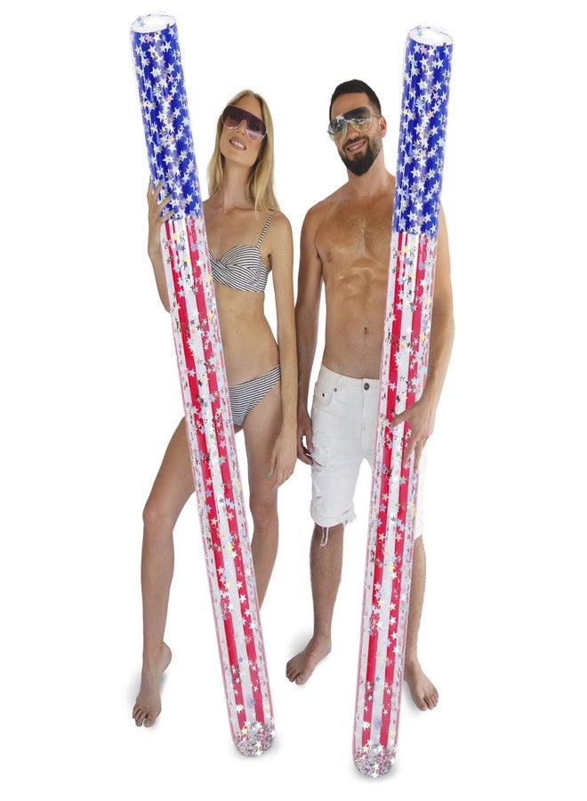POZA 2 Pack Inflatable USA Flag Jumbo Pool Noodles Floats - Premium Luxurious 74 Inch Giant Water Floating Noodles Filled with Sparkle Silver Confetti, Pool Float for Swimming Pool, Beach and Lake - Image 1