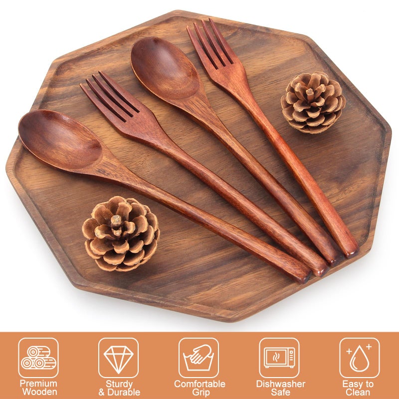Renawe 12 Pieces Wooden Forks and Spoons for Eating Utensil Set Lunch Wooden Cutlery Japanese Silverware Sets Flatware Reusable Bamboo Small Utensils Korean Mini Wooden Spoon Fork Set - Image 4