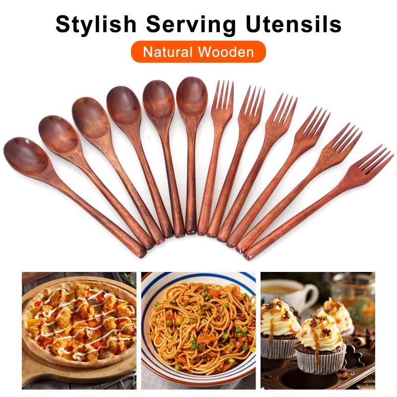 Renawe 12 Pieces Wooden Forks and Spoons for Eating Utensil Set Lunch Wooden Cutlery Japanese Silverware Sets Flatware Reusable Bamboo Small Utensils Korean Mini Wooden Spoon Fork Set - Image 2