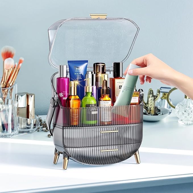 MIXEN Transparent Art Makeup Storage Box, Elegant Makeup Display Box with 2 Layers Storage Box and Transparent Lid, Countertop Portable Handle Vanity Makeup Storage Box College Style - Image 2