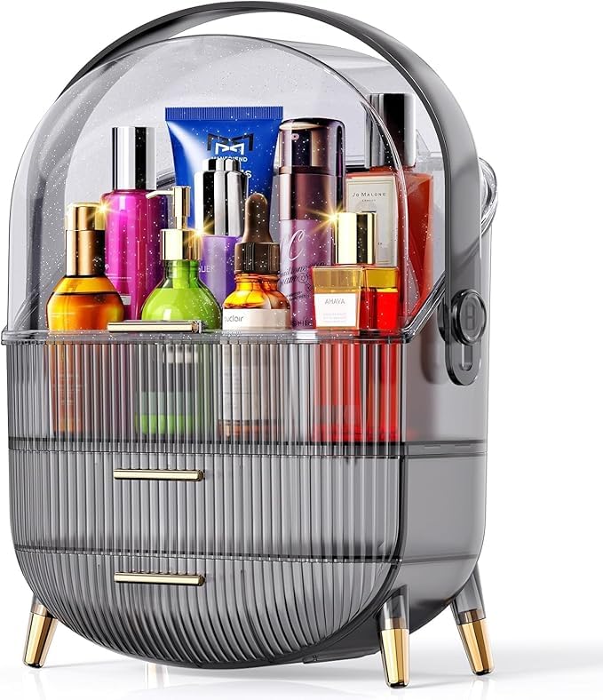 MIXEN Transparent Art Makeup Storage Box, Elegant Makeup Display Box with 2 Layers Storage Box and Transparent Lid, Countertop Portable Handle Vanity Makeup Storage Box College Style - Image 1