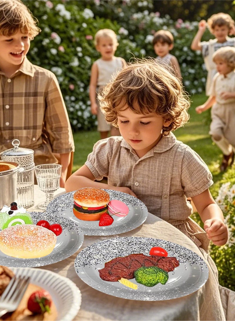 HomarKet 200PCS Disposable Paper Plates and Napkins,25 Guest Party Supplies Dinnerware Set Include Round Paper Plates Napkin Cup Straw Plastic Spoon Fork Knive for Party,Wedding,Birthday (Silver) - Image 4