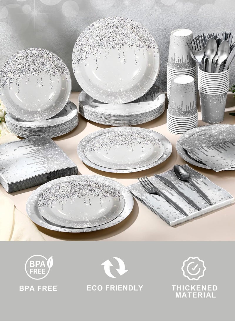 HomarKet 200PCS Disposable Paper Plates and Napkins,25 Guest Party Supplies Dinnerware Set Include Round Paper Plates Napkin Cup Straw Plastic Spoon Fork Knive for Party,Wedding,Birthday (Silver) - Image 3