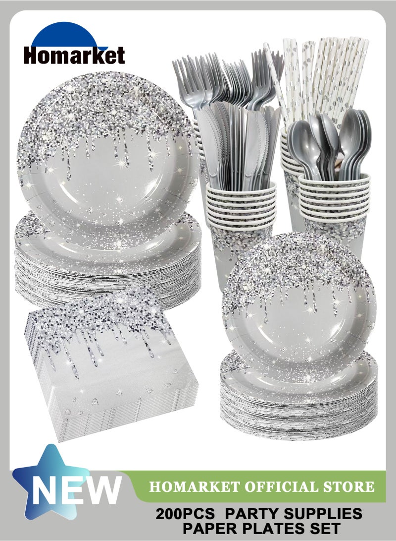 HomarKet 200PCS Disposable Paper Plates and Napkins,25 Guest Party Supplies Dinnerware Set Include Round Paper Plates Napkin Cup Straw Plastic Spoon Fork Knive for Party,Wedding,Birthday (Silver) - Image 1