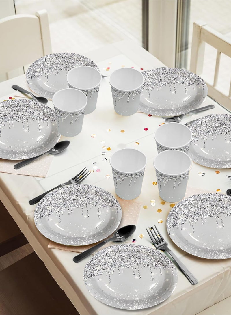 HomarKet 200PCS Disposable Paper Plates and Napkins,25 Guest Party Supplies Dinnerware Set Include Round Paper Plates Napkin Cup Straw Plastic Spoon Fork Knive for Party,Wedding,Birthday (Silver) - Image 5