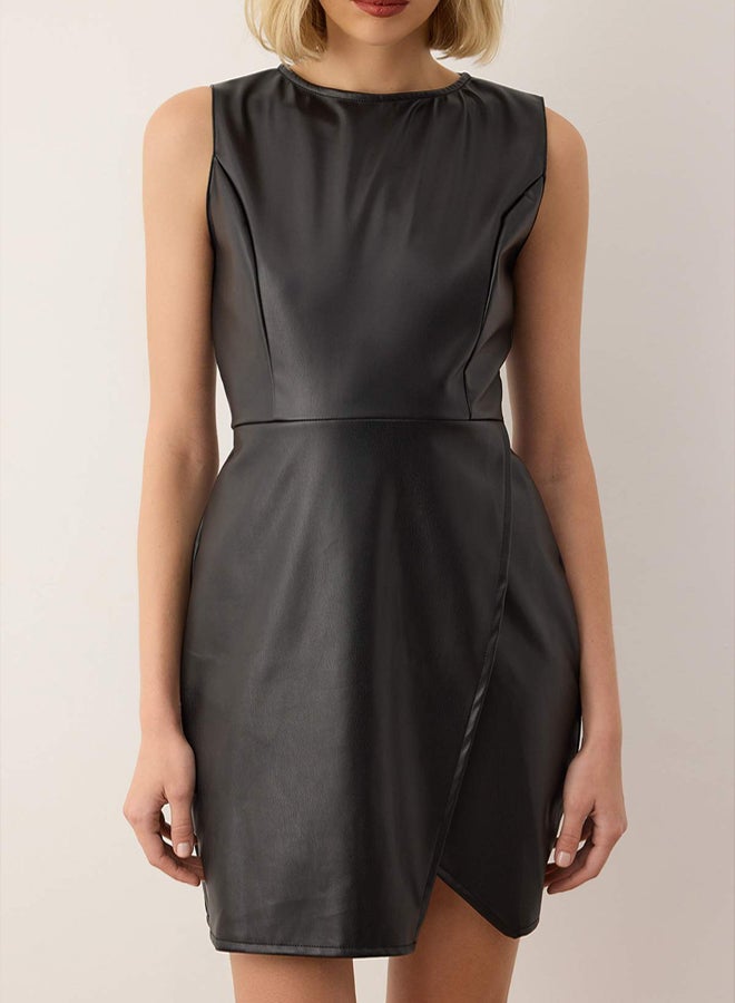 trendyol Black Faux Leather Plain Short/Mini Wrap Knitted Dress - Image 3