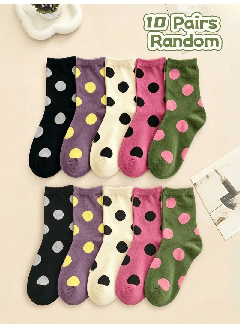 Socks For Ladies 5 Pairs Women's Cotton Crew Socks With Cute Polka Dot Patterns, Soft Stretchy Mid Calf Socks in Black Purple Cream Pink and Green, Colorful Casual Fashion Socks With Large Round Dots for Everyday Wear, Size 36-39 - Image 3