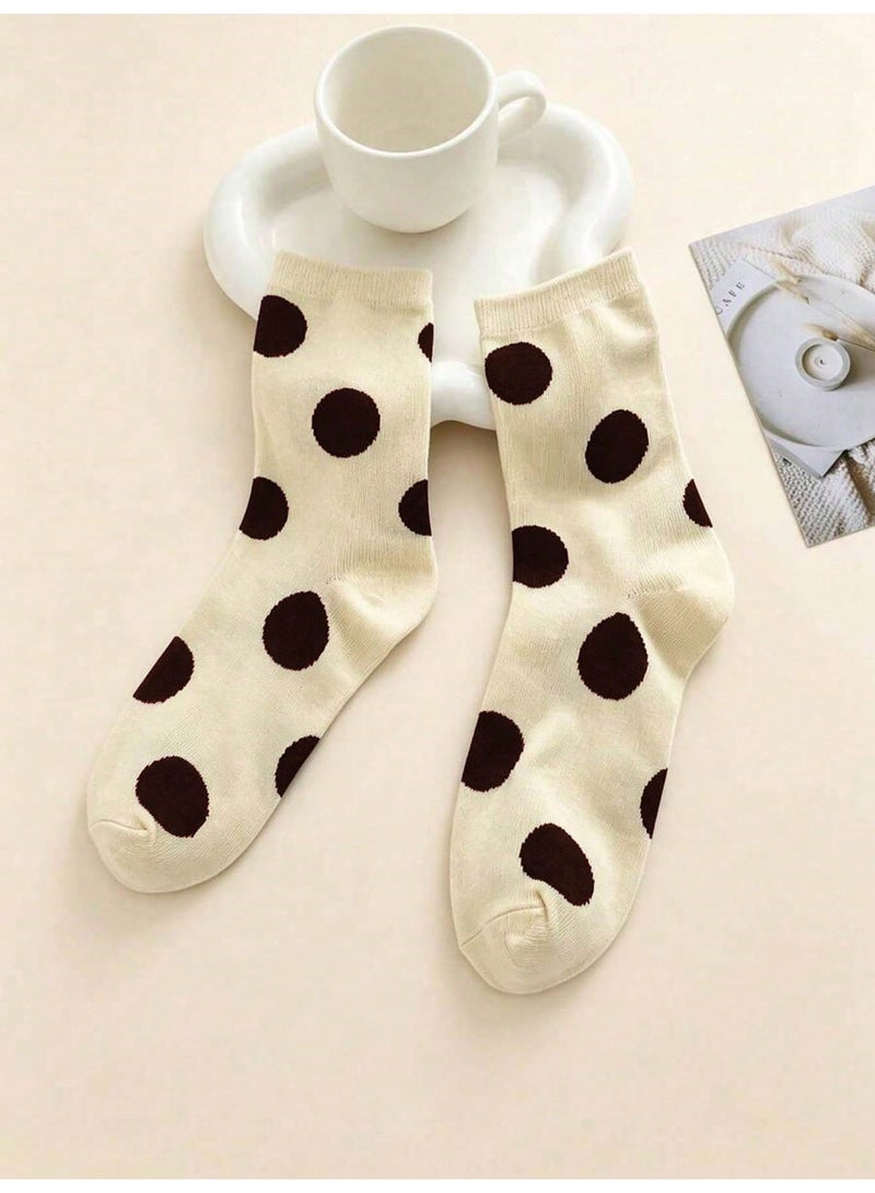 Socks For Ladies 5 Pairs Women's Cotton Crew Socks With Cute Polka Dot Patterns, Soft Stretchy Mid Calf Socks in Black Purple Cream Pink and Green, Colorful Casual Fashion Socks With Large Round Dots for Everyday Wear, Size 36-39 - Image 5