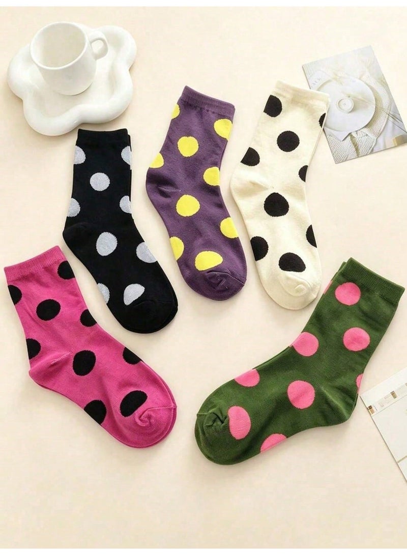 Socks For Ladies 5 Pairs Women's Cotton Crew Socks With Cute Polka Dot Patterns, Soft Stretchy Mid Calf Socks in Black Purple Cream Pink and Green, Colorful Casual Fashion Socks With Large Round Dots for Everyday Wear, Size 36-39 - Image 4