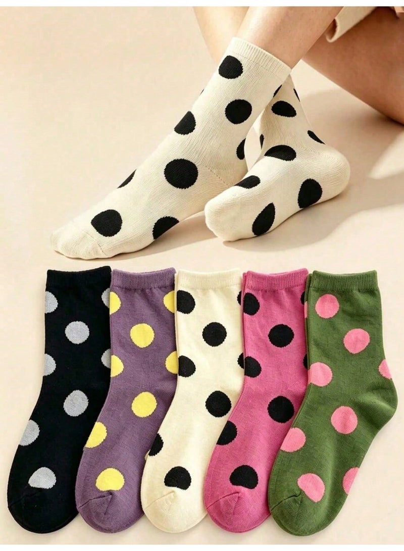Socks For Ladies 5 Pairs Women's Cotton Crew Socks With Cute Polka Dot Patterns, Soft Stretchy Mid Calf Socks in Black Purple Cream Pink and Green, Colorful Casual Fashion Socks With Large Round Dots for Everyday Wear, Size 36-39 - Image 2