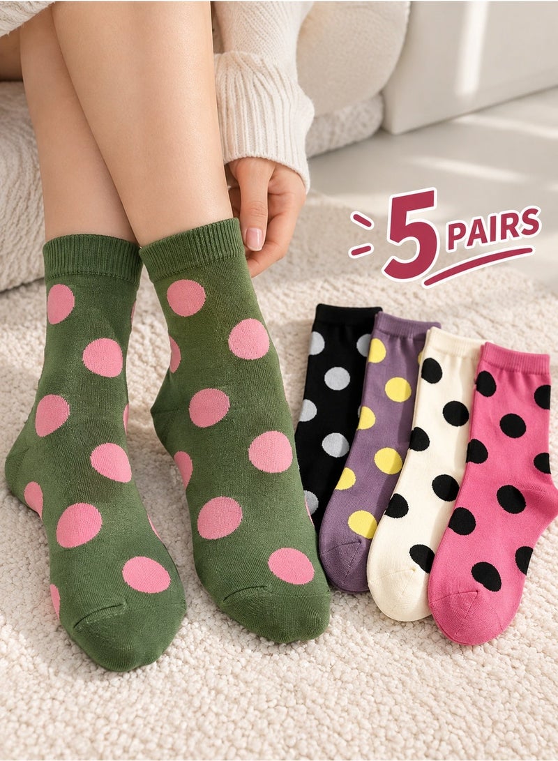 Socks For Ladies 5 Pairs Women's Cotton Crew Socks With Cute Polka Dot Patterns, Soft Stretchy Mid Calf Socks in Black Purple Cream Pink and Green, Colorful Casual Fashion Socks With Large Round Dots for Everyday Wear, Size 36-39 - Image 1