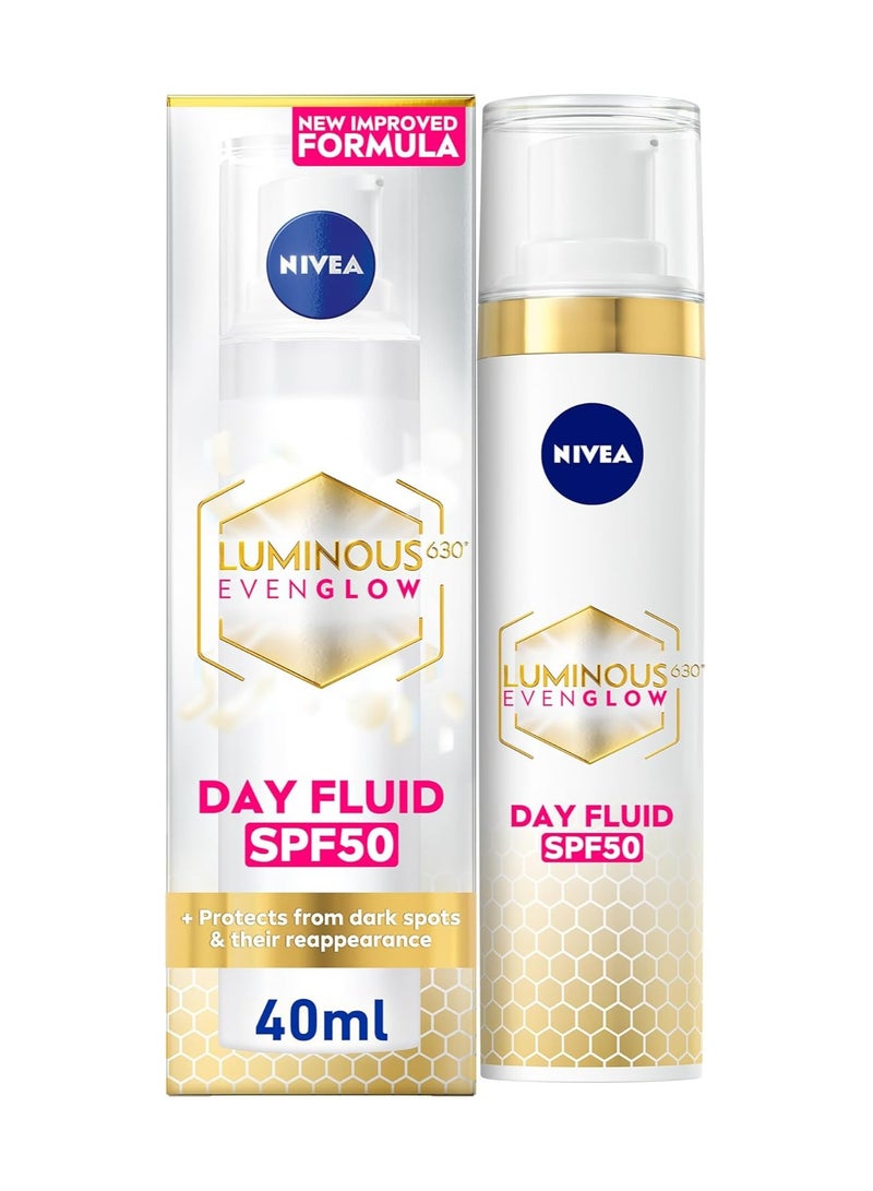 NIVEA LUMINOUS 630 EVEN GLOW Anti Dark Spot Face Fluid SPF 50, UVA & UVB Sun Protection, Spotless Even Skin, Hydrating Hyaluronic Acid & Vitamin E, 40ml - Image 1