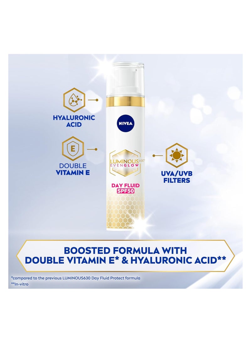 NIVEA LUMINOUS 630 EVEN GLOW Anti Dark Spot Face Fluid SPF 50, UVA & UVB Sun Protection, Spotless Even Skin, Hydrating Hyaluronic Acid & Vitamin E, 40ml - Image 3