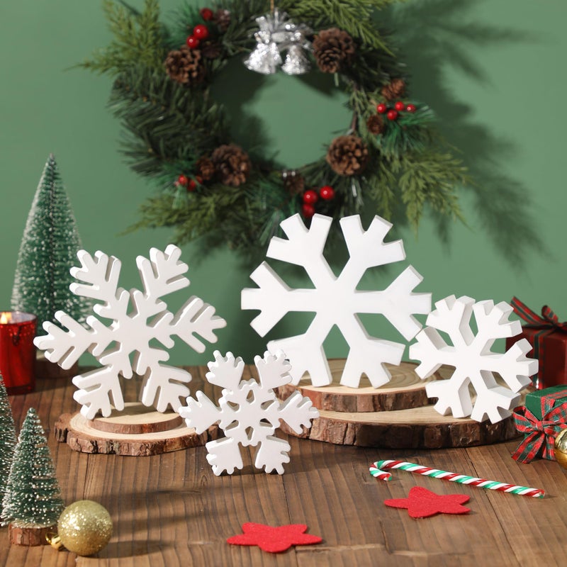 WODOHOLO 4Pcs Winter Snowflake Wooden Signs, Winter White Distressed Wood Snowflake, Farmhouse Country Christmas Decor, Xmas for Tabletop Fireplace - Image 3