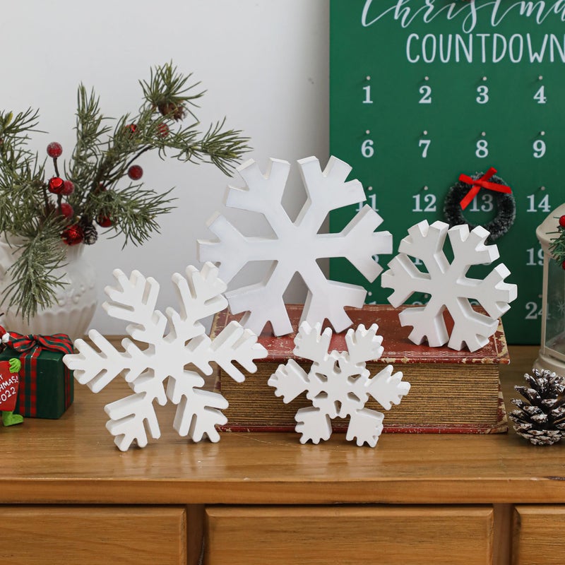 WODOHOLO 4Pcs Winter Snowflake Wooden Signs, Winter White Distressed Wood Snowflake, Farmhouse Country Christmas Decor, Xmas for Tabletop Fireplace - Image 4