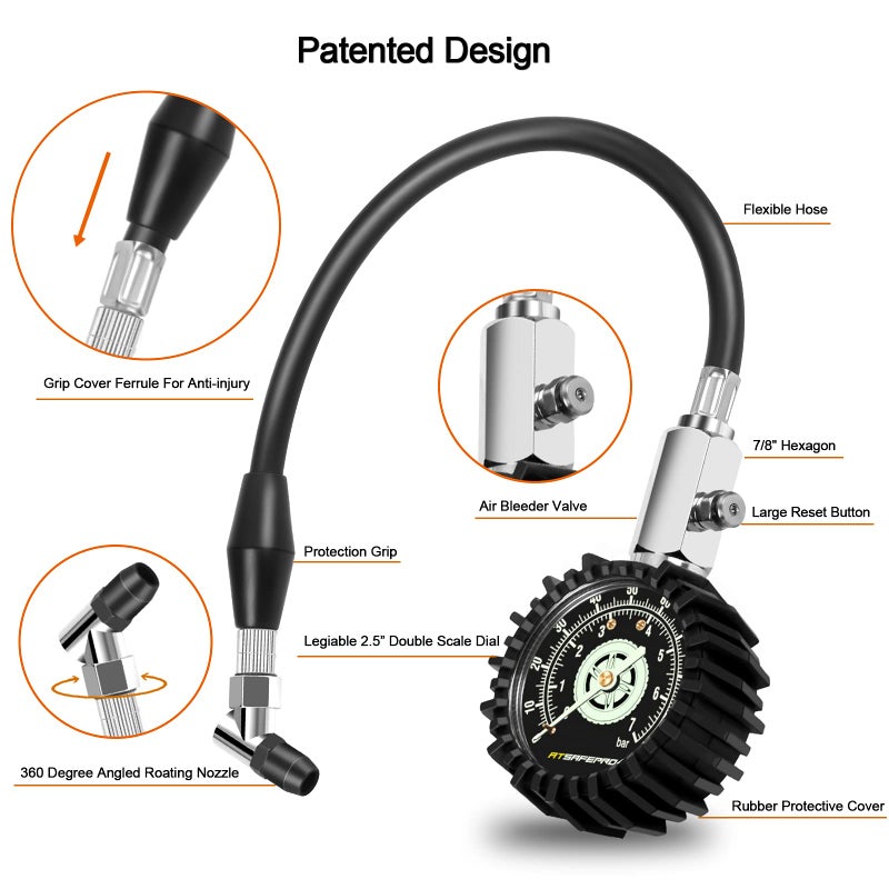 Generic ATsafepro Tyre Pressure Gauge 100 Psi 7 Bar, Accurate Car Tyre Gauges with Flexible Hose Glow Dial, Mechanical Air Pressure Meter for Schrader Valve of Bike, Motorcycle, Car, SUV - Image 2