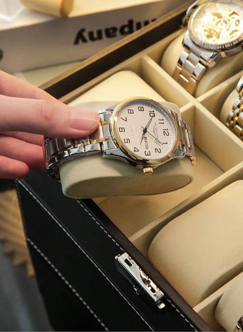 علبة ساعات فاخرة مع 12 فتحة تخزين مصنوعة من الخشب عالي الجودة ومغطاة بطبقة من الجلد الصناعي الأنيق – صندوق تخزين وتنظيم الساعات مزود بوسائد داخلية ناعمة لحماية الساعات من الخدوش والصدمات والغبار – علبة عرض الساعات بغطاء علوي شفاف لعرض الساعات بشكل أنيق واحترافي مع الحفاظ عليها – منظم ساعات عملي لتخزين الساعات الرجالي والحريمي بطريقة مرتبة وآمنة – صندوق عرض وتخزين الساعات والمجوهرات مناسب للاستخدام المنزلي والمكتبي ومحلات الساعات – تصميم متين وسهل الفتح والغلق للحفاظ على الساعات في أفضل حالة لفترات طويلة – علبة ساعات مثالية لهواة جمع الساعات ومحبي التنظيم والأناقة – منظم ساعات أنيق يصلح كهدية فاخرة للرجال والنساء في المناسبات المختلفة - Image 4