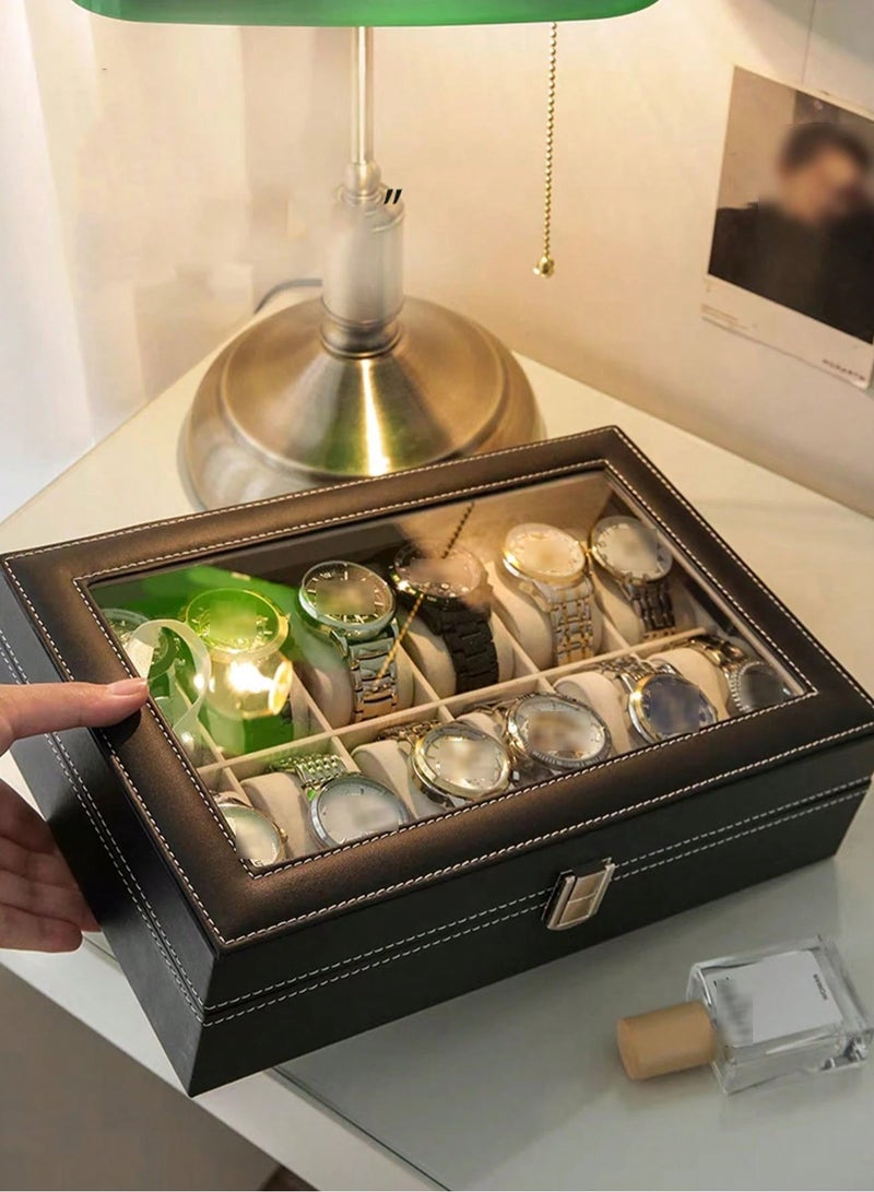 علبة ساعات فاخرة مع 12 فتحة تخزين مصنوعة من الخشب عالي الجودة ومغطاة بطبقة من الجلد الصناعي الأنيق – صندوق تخزين وتنظيم الساعات مزود بوسائد داخلية ناعمة لحماية الساعات من الخدوش والصدمات والغبار – علبة عرض الساعات بغطاء علوي شفاف لعرض الساعات بشكل أنيق واحترافي مع الحفاظ عليها – منظم ساعات عملي لتخزين الساعات الرجالي والحريمي بطريقة مرتبة وآمنة – صندوق عرض وتخزين الساعات والمجوهرات مناسب للاستخدام المنزلي والمكتبي ومحلات الساعات – تصميم متين وسهل الفتح والغلق للحفاظ على الساعات في أفضل حالة لفترات طويلة – علبة ساعات مثالية لهواة جمع الساعات ومحبي التنظيم والأناقة – منظم ساعات أنيق يصلح كهدية فاخرة للرجال والنساء في المناسبات المختلفة - Image 2
