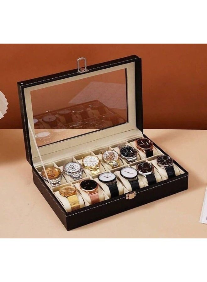 علبة ساعات فاخرة مع 12 فتحة تخزين مصنوعة من الخشب عالي الجودة ومغطاة بطبقة من الجلد الصناعي الأنيق – صندوق تخزين وتنظيم الساعات مزود بوسائد داخلية ناعمة لحماية الساعات من الخدوش والصدمات والغبار – علبة عرض الساعات بغطاء علوي شفاف لعرض الساعات بشكل أنيق واحترافي مع الحفاظ عليها – منظم ساعات عملي لتخزين الساعات الرجالي والحريمي بطريقة مرتبة وآمنة – صندوق عرض وتخزين الساعات والمجوهرات مناسب للاستخدام المنزلي والمكتبي ومحلات الساعات – تصميم متين وسهل الفتح والغلق للحفاظ على الساعات في أفضل حالة لفترات طويلة – علبة ساعات مثالية لهواة جمع الساعات ومحبي التنظيم والأناقة – منظم ساعات أنيق يصلح كهدية فاخرة للرجال والنساء في المناسبات المختلفة - Image 1