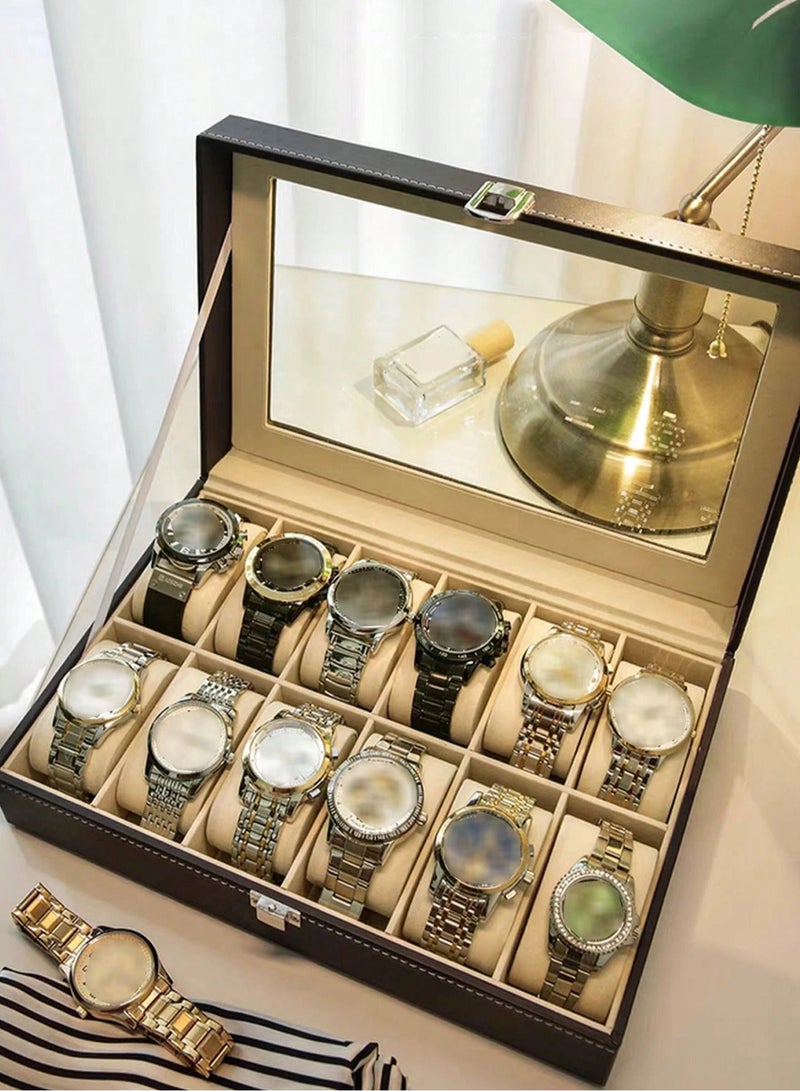 علبة ساعات فاخرة مع 12 فتحة تخزين مصنوعة من الخشب عالي الجودة ومغطاة بطبقة من الجلد الصناعي الأنيق – صندوق تخزين وتنظيم الساعات مزود بوسائد داخلية ناعمة لحماية الساعات من الخدوش والصدمات والغبار – علبة عرض الساعات بغطاء علوي شفاف لعرض الساعات بشكل أنيق واحترافي مع الحفاظ عليها – منظم ساعات عملي لتخزين الساعات الرجالي والحريمي بطريقة مرتبة وآمنة – صندوق عرض وتخزين الساعات والمجوهرات مناسب للاستخدام المنزلي والمكتبي ومحلات الساعات – تصميم متين وسهل الفتح والغلق للحفاظ على الساعات في أفضل حالة لفترات طويلة – علبة ساعات مثالية لهواة جمع الساعات ومحبي التنظيم والأناقة – منظم ساعات أنيق يصلح كهدية فاخرة للرجال والنساء في المناسبات المختلفة - Image 3