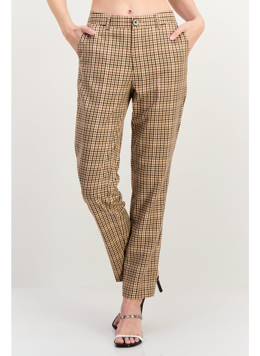 Scotch & Soda Women Regular Fit Checkered straight Leg Pants, Beige  - Image 1